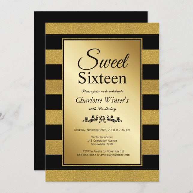 Modern Gold Striped Sweet 16 Birthday Invitation (Front/Back)