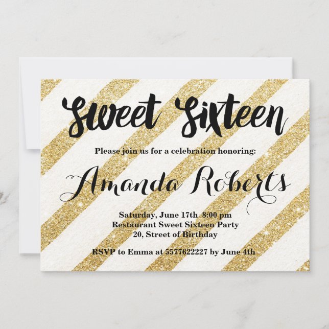 Modern gold stripes brushstrokes Sweet 16 Invitation (Front)