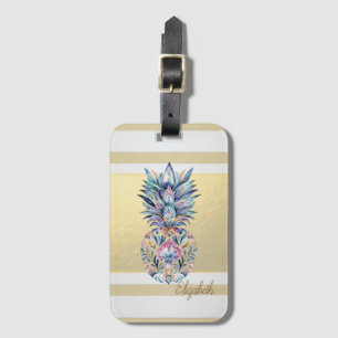 Modern Gold Stripes,Colourful Pineapple Luggage Tag