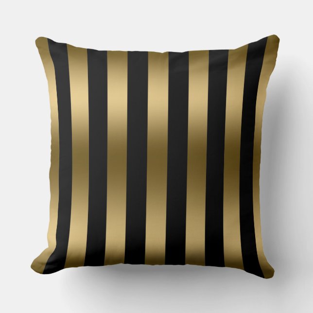 Modern Gold Stripes Pattern Black Background Throw Pillow (Front)