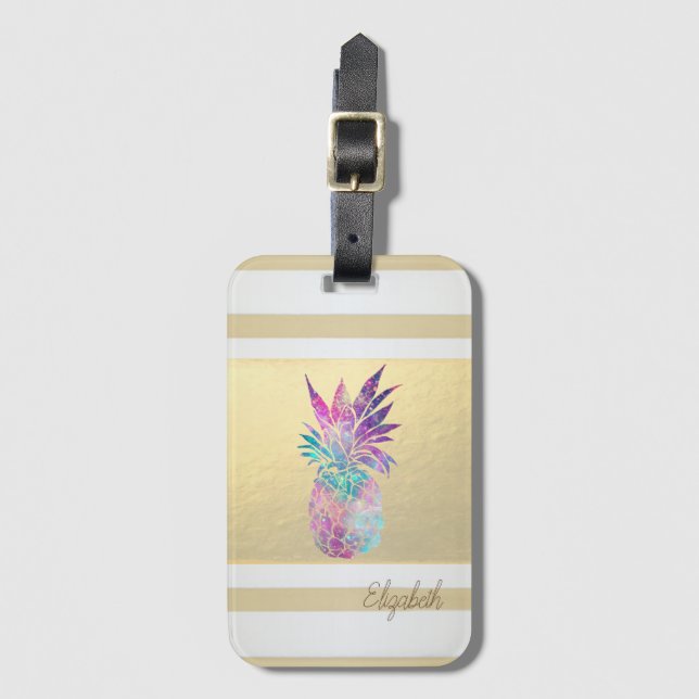 Modern Gold Stripes, Pineapple  - Personalized Luggage Tag (Front Vertical)