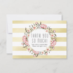 Modern Gold Stripes & Pink Floral Roses Thank You Card