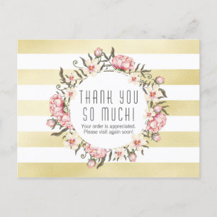 Modern Gold Stripes & Pink Floral Roses Thank You Postcard