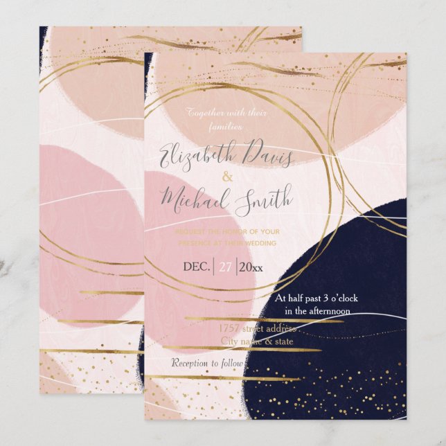 Modern Gold Strokes & Circles Minimal Pink Design Invitation (Front/Back)