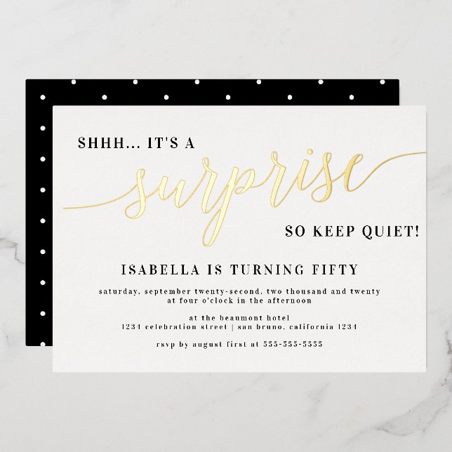 Modern Gold Stylish Script Surprise Birthday Party (Front/Back)