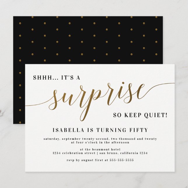 Modern Gold Stylish Script Surprise Birthday Party Invitation (Front/Back)