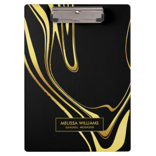 Modern gold swirls on black clipboard
