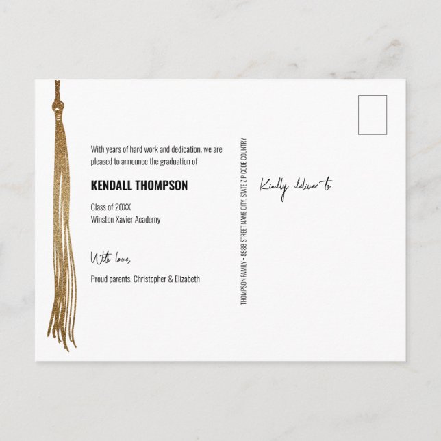 Modern Gold tassel Class 2024 Graduation photo Announcement Postcard (Back)