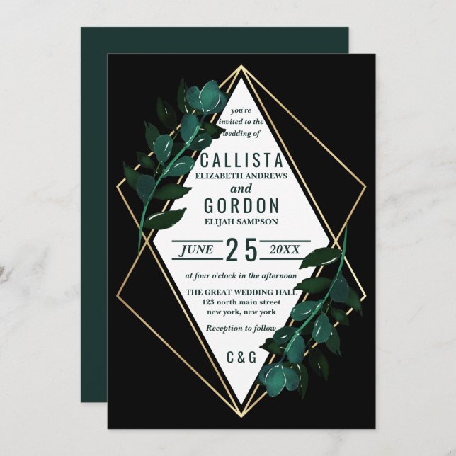 Modern Gold Teal Black Greenery Terrarium Wedding Invitation (Front/Back)