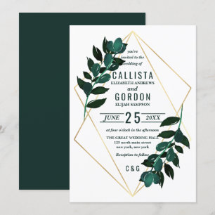 Modern Gold Teal Greenery Terrarium Wedding Invitation