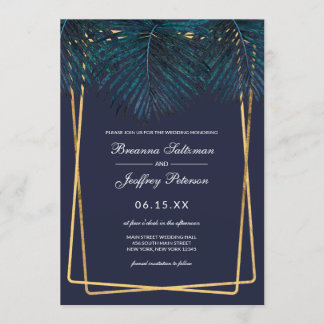 Modern Gold Teal Palm Leaves Geo Borders Wedding Invitation