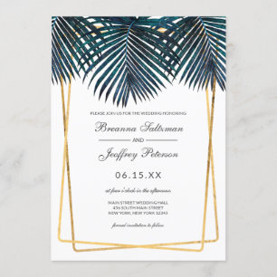 Modern Gold Teal Palm Leaves Geo Borders Wedding Invitation