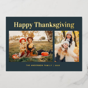 Modern Gold Text Fall Happy Thanksgiving Photo  Foil Holiday Card