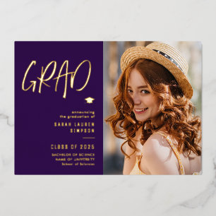 modern gold text purple graduation announcement