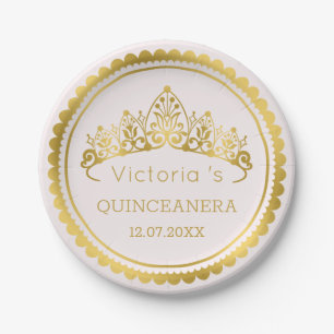 Modern, gold Tiara Quinceanera Paper Plate