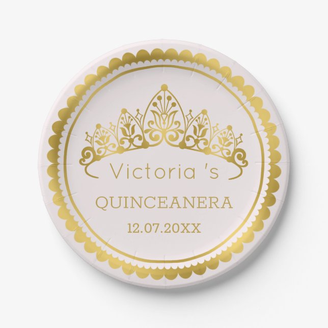 Modern, gold Tiara Quinceanera Paper Plate (Front)