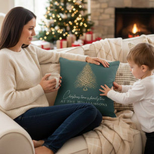Modern gold tree family green festive christmas   throw pillow