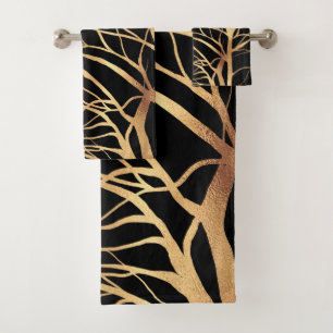 Modern Gold Tree Silhouette Minimal Black Design C Bath Towel Set