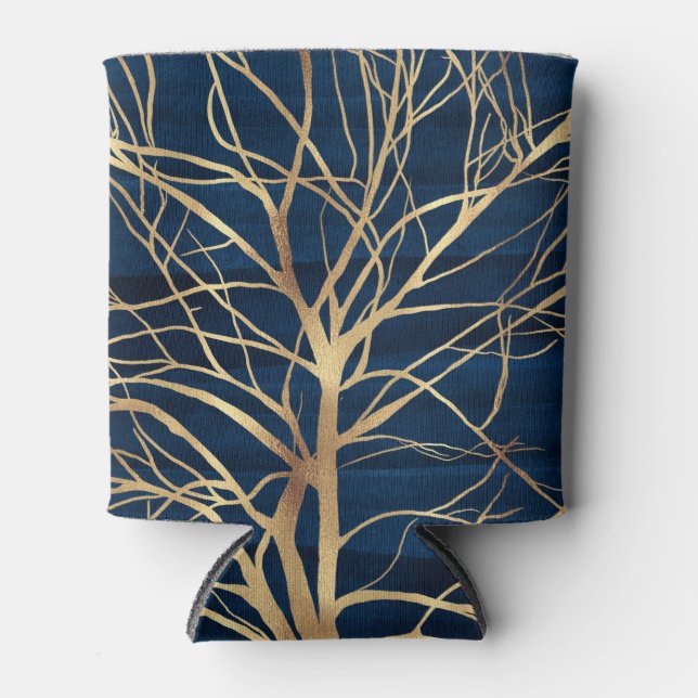 Modern Gold Tree Silhouette Minimal Blue Design Can Cooler (Front)