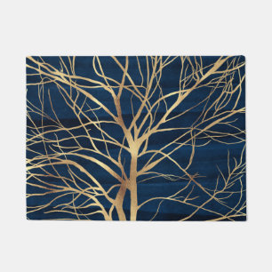 Modern Gold Tree Silhouette Minimal Blue Design Doormat