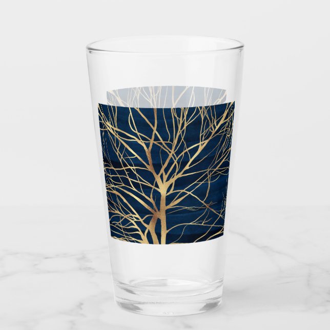 Modern Gold Tree Silhouette Minimal Blue Design Glass (Front)