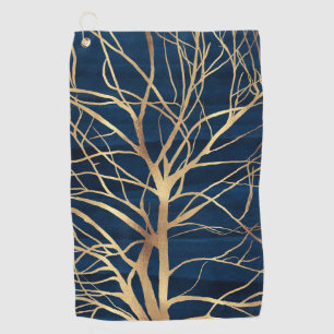 Modern Gold Tree Silhouette Minimal Blue Design Golf Towel