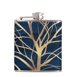 Modern Gold Tree Silhouette Minimal Blue Design Hip Flask