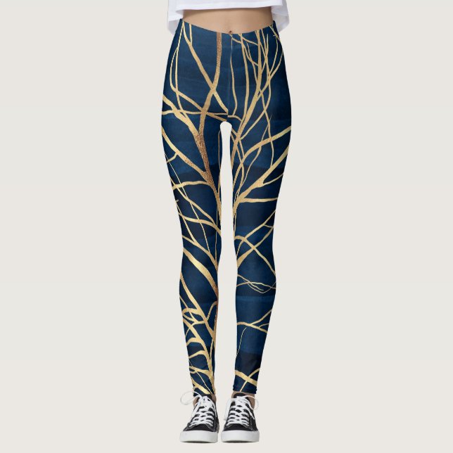 Modern Gold Tree Silhouette Minimal Blue Design Leggings (Front)