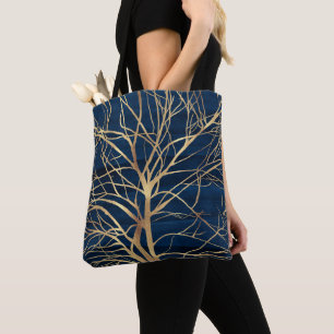 Modern Gold Tree Silhouette Minimal Blue Design Tote Bag