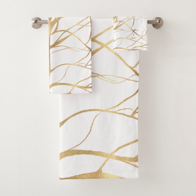 Modern Gold Tree Silhouette Minimal White Design Bath Towel Set (Insitu)