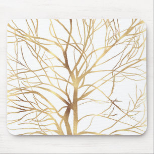 Modern Gold Tree Silhouette Minimal White Design Mouse Pad