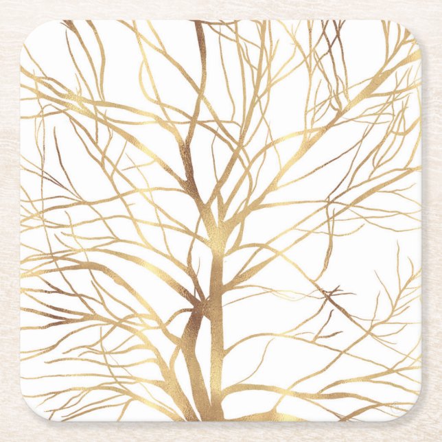Modern Gold Tree Silhouette Minimal White Design Square Paper Coaster (Front)