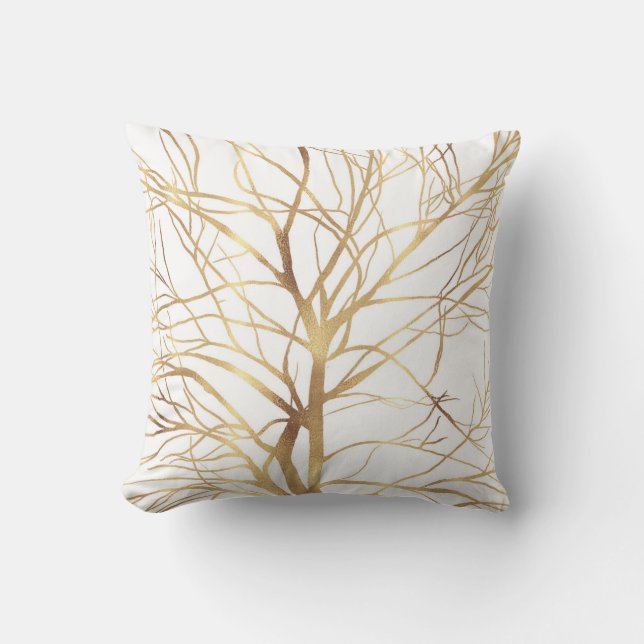 Modern Gold Tree Silhouette Minimal White Design Throw Pillow (Front)