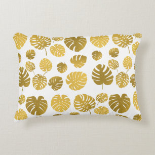 Modern Gold Tropical Leaves Pattern Accent Pillow