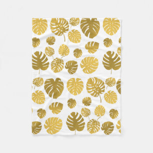 Modern Gold Tropical Leaves Pattern Fleece Blanket