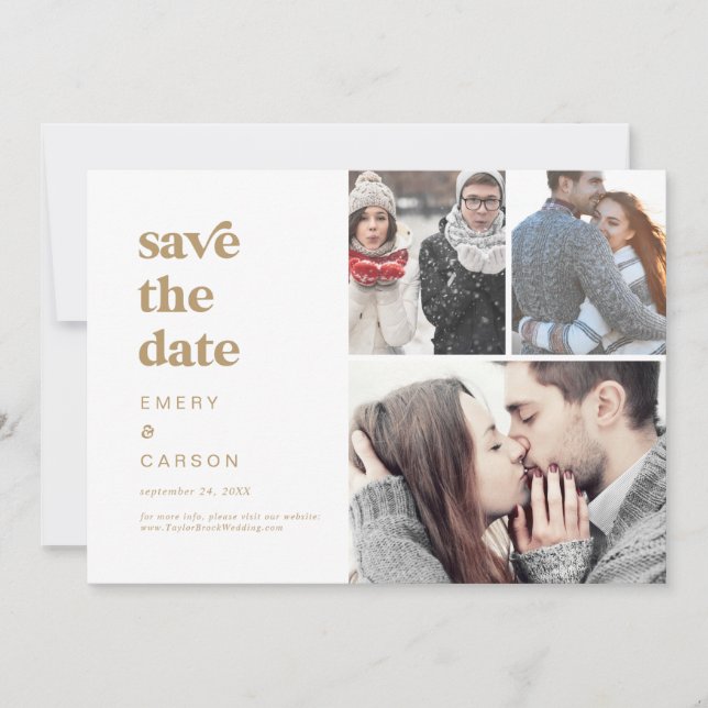 Modern Gold Typography 3 Photo Collage Save The Date (Front)
