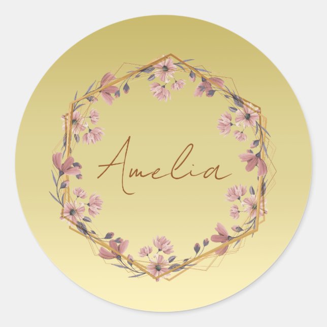 Modern gold typography floral monogram name classic round sticker (Front)