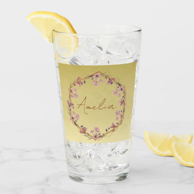 Modern gold typography floral monogram name glass (Front Ice)