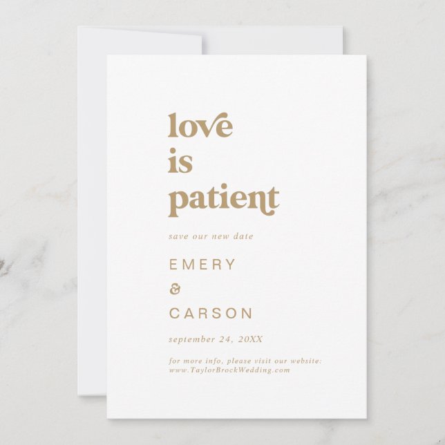 Modern Gold Typography Love is Patient Save The Date (Front)