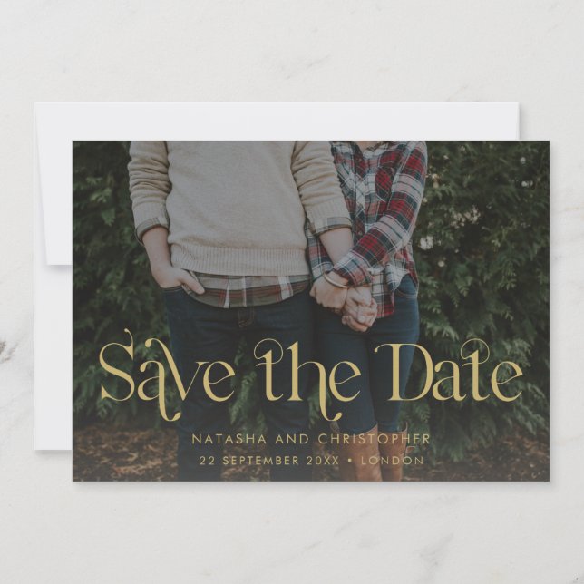 Modern Gold Typography Overlay Horizontal Photo Save The Date (Front)