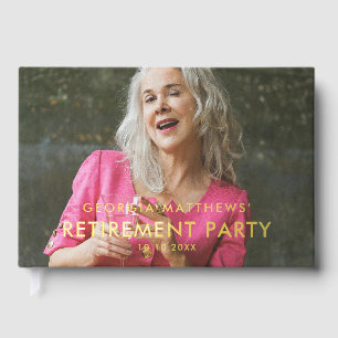 Modern Gold Typography Photo Retirement Party Guest Book