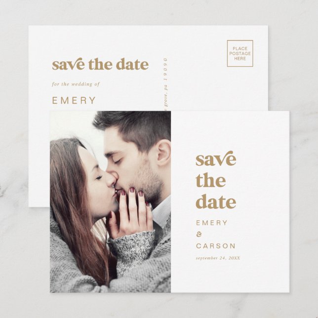 Modern Gold Typography Photo Save the Date Invitation Postcard (Front/Back)