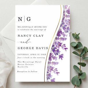 Modern Gold Watercolor Lavender Monogram Wedding Invitation