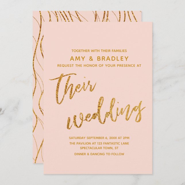 Modern Gold Waves and Handwriting Blush Wedding Invitation (Front/Back)