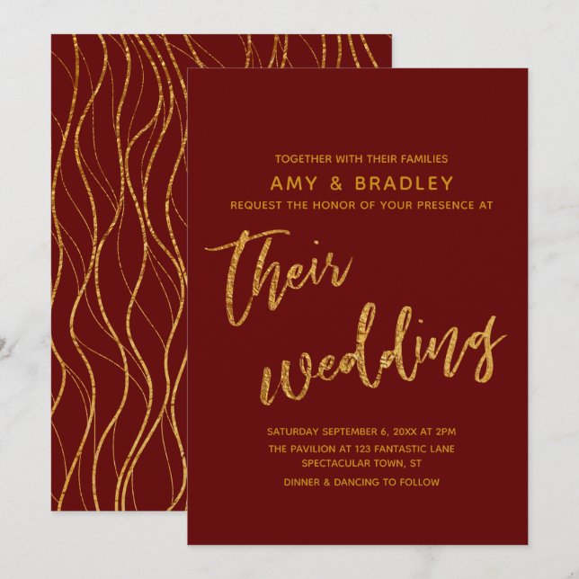 Modern Gold Waves and Handwriting Burgundy Wedding Invitation (Front/Back)