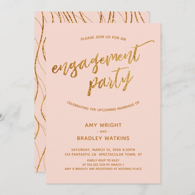 Modern Gold Waves Handwriting on Blush Engagement Invitation (Front/Back)