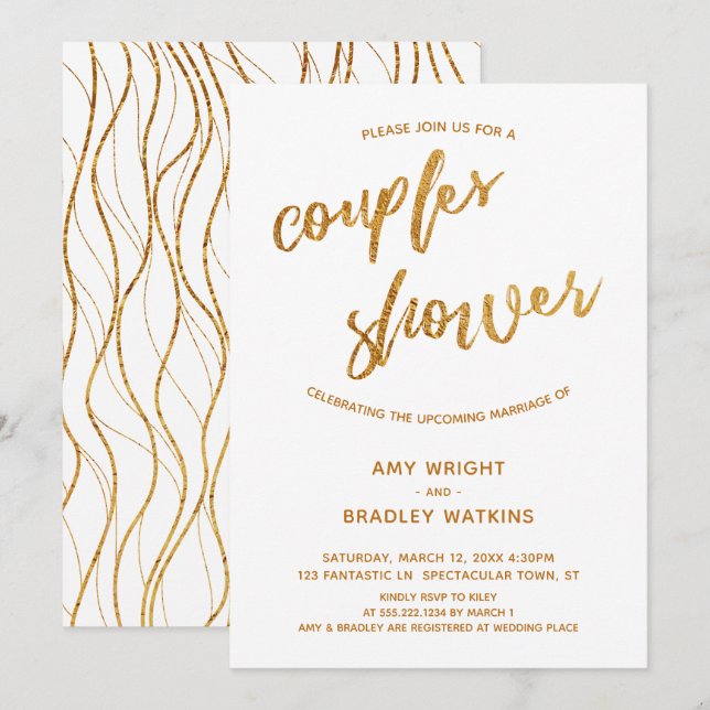 Modern Gold Waves Handwriting White Couples Shower Invitation (Front/Back)