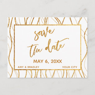 Modern Gold Waves Handwriting White Save the Date Announcement Postcard