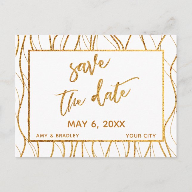 Modern Gold Waves Handwriting White Save the Date Announcement Postcard (Front)