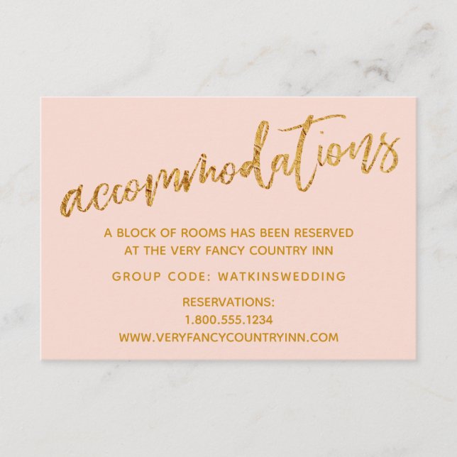 Modern Gold Waves on Blush Wedding Accommodations Enclosure Card (Front)